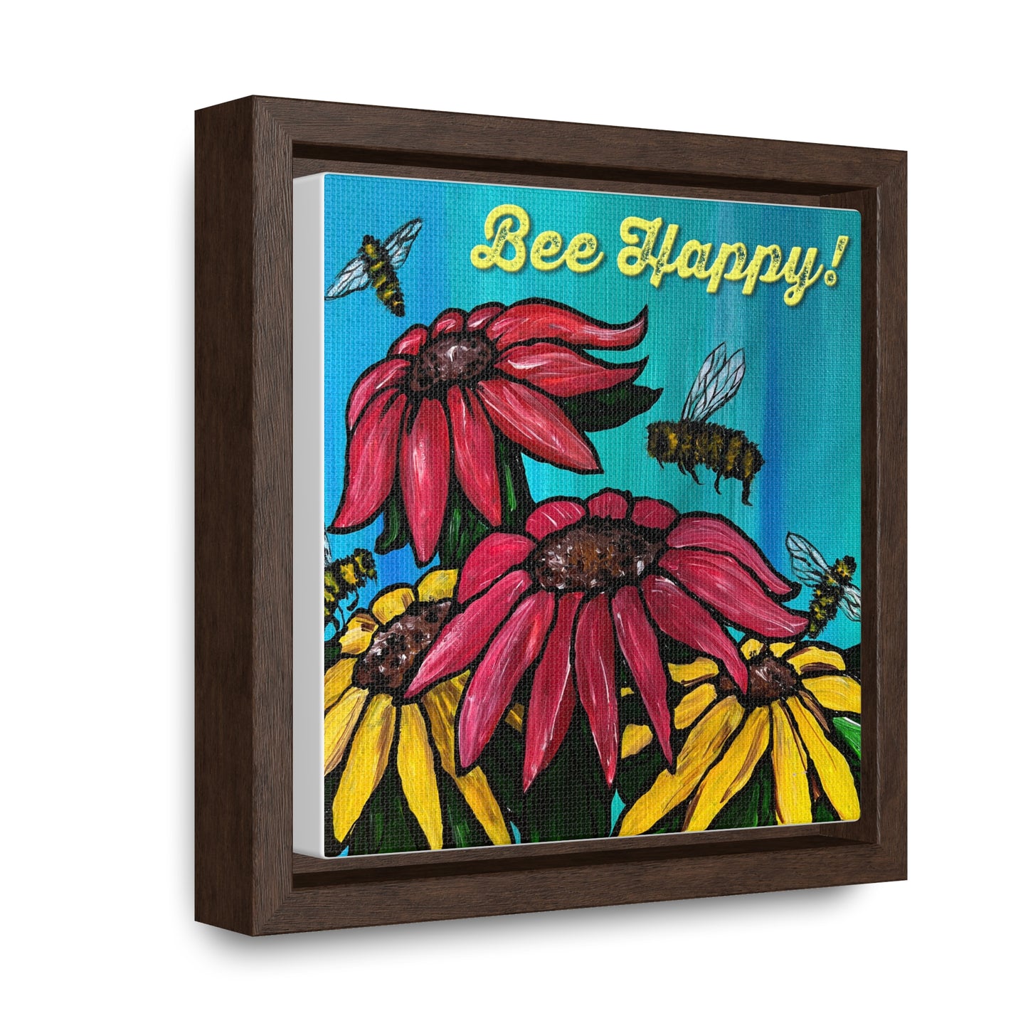 "Bee Happy" Flowers and Bees Print by Patricia Gallery Canvas Wrap, Square Frame