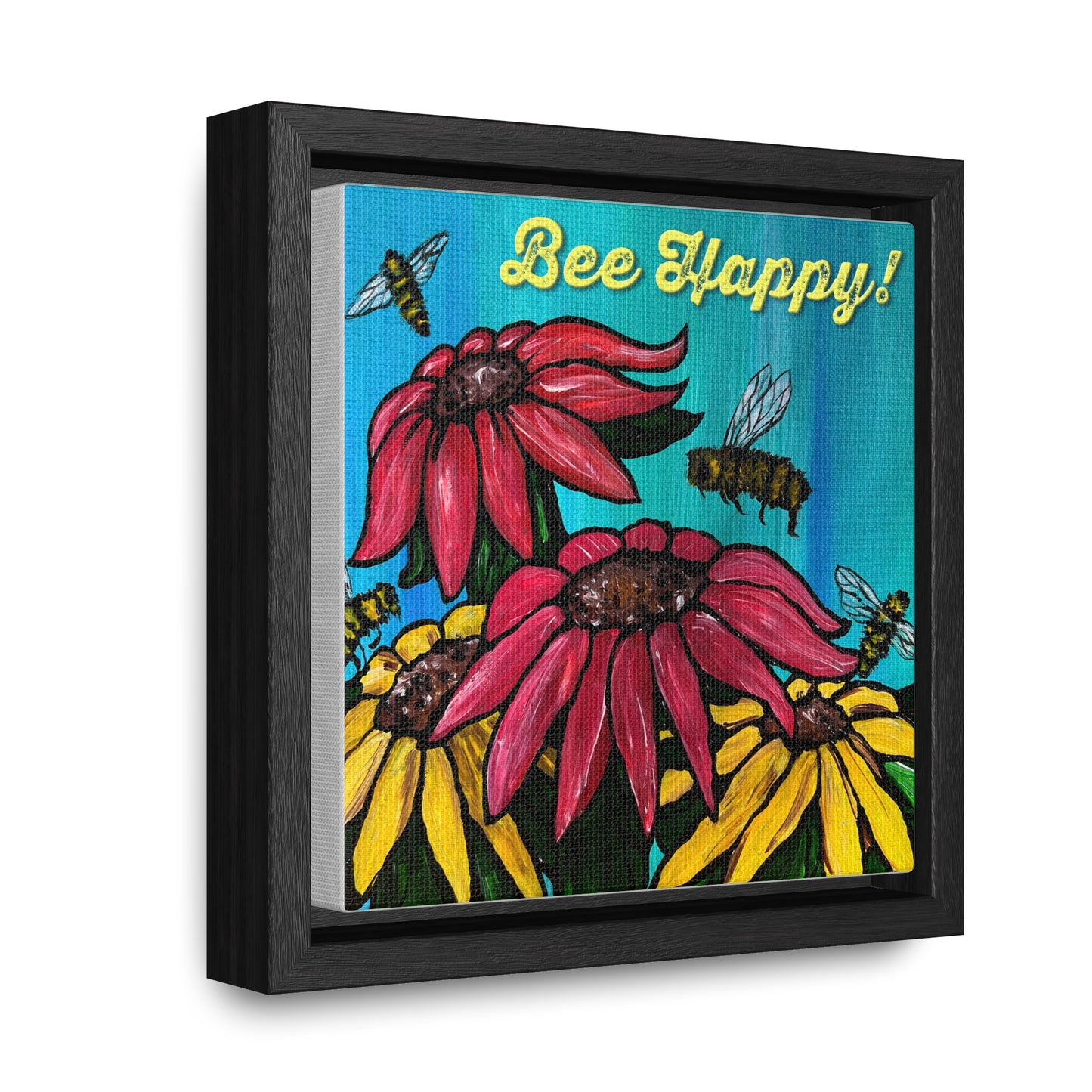 "Bee Happy" Flowers and Bees Print by Patricia Gallery Canvas Wrap, Square Frame